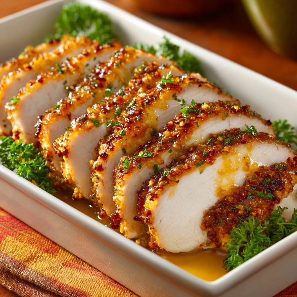 Honey mustard glazed turkey roast, sliced and presented in a white dish with fresh parsley garnish.