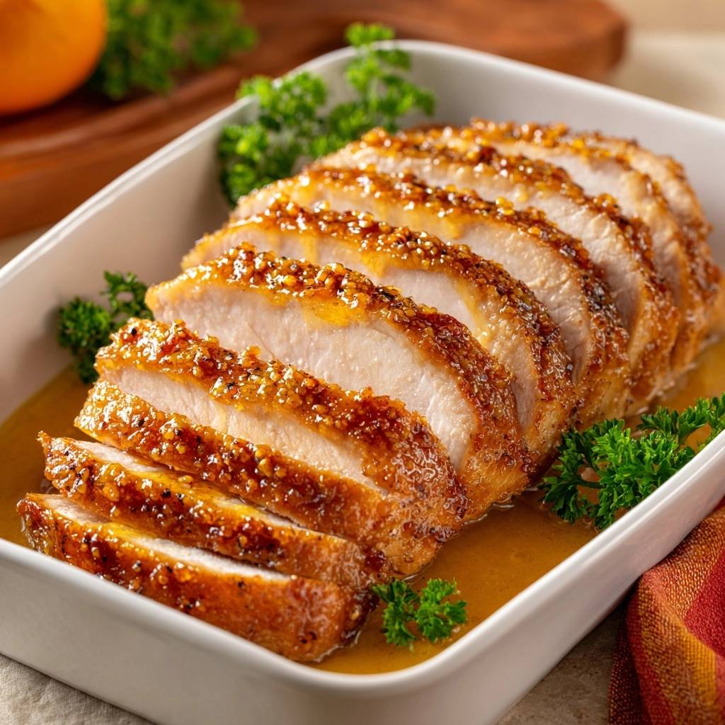 Honey mustard glazed turkey roast, sliced and presented in a white dish, showcasing its tender interior and glistening glaze.