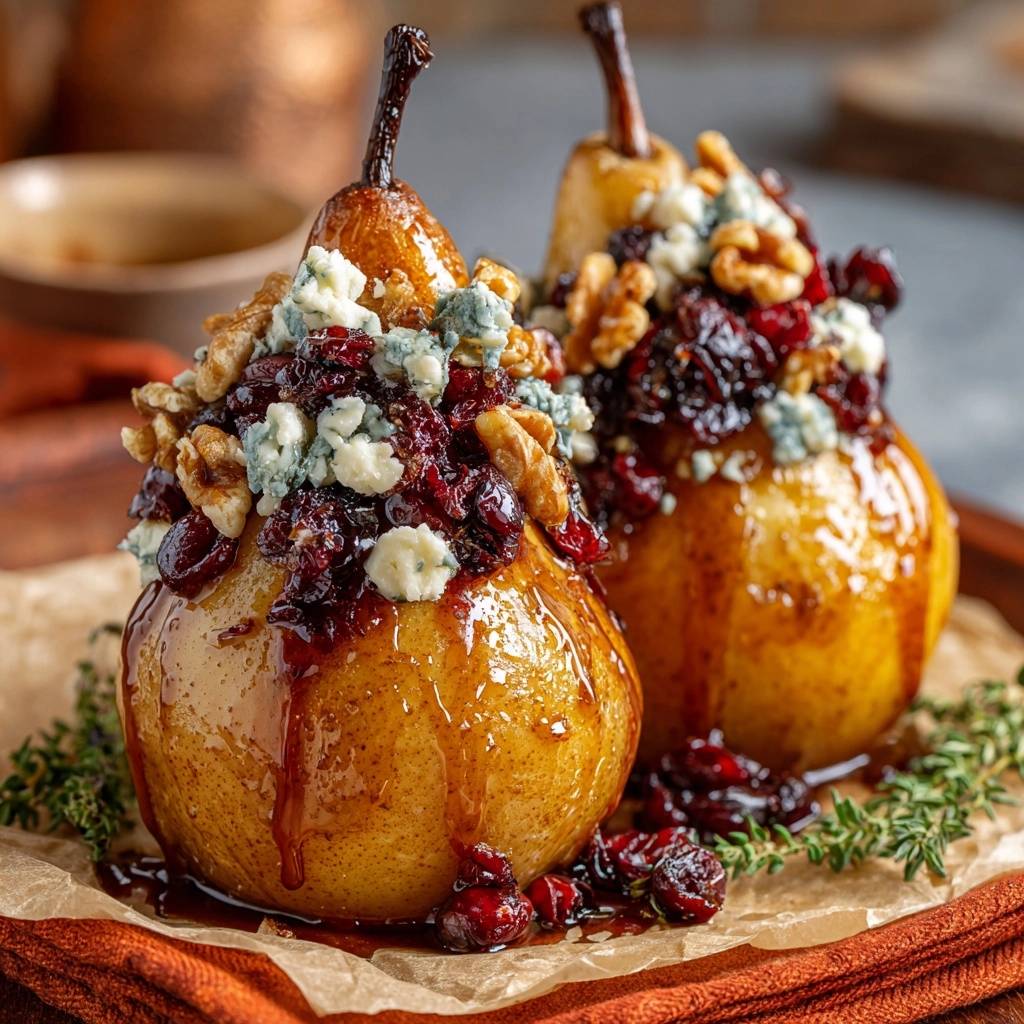 Honey roasted pears with gorgonzola and walnuts, showcasing a detailed view of the sweet and savory topping.