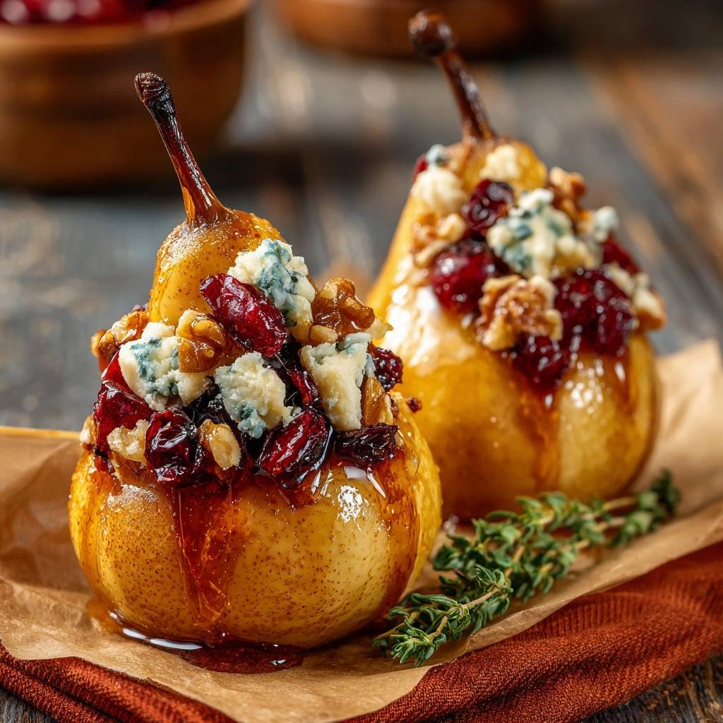 Honey roasted pears with gorgonzola and walnuts are generously topped with a sweet and savory mixture.