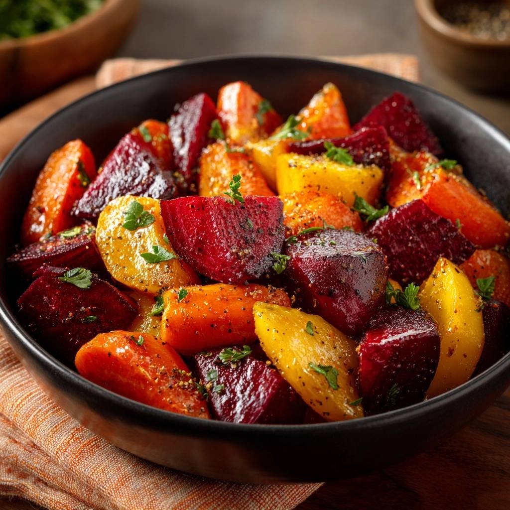 Honey roasted root vegetables in a black bowl, showcasing a colorful mix of beets and carrots, garnished with parsley.