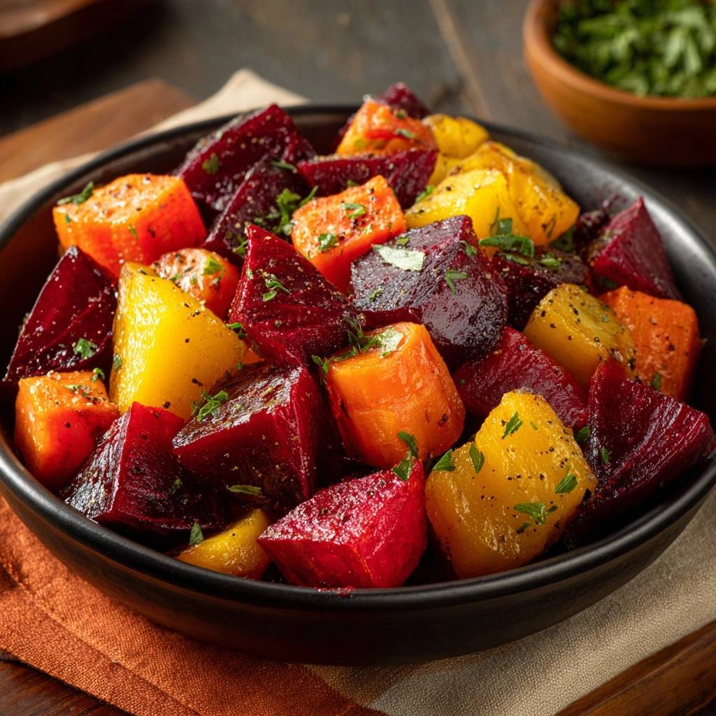 Honey roasted root vegetables in a dark bowl, showing a close-up detail of the roasted beet and carrot pieces with fresh herbs.