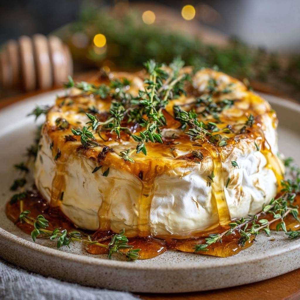 Honey thyme roasted brie, a wheel of cheese drizzled with golden honey and fresh thyme sprigs, served on a plate.
