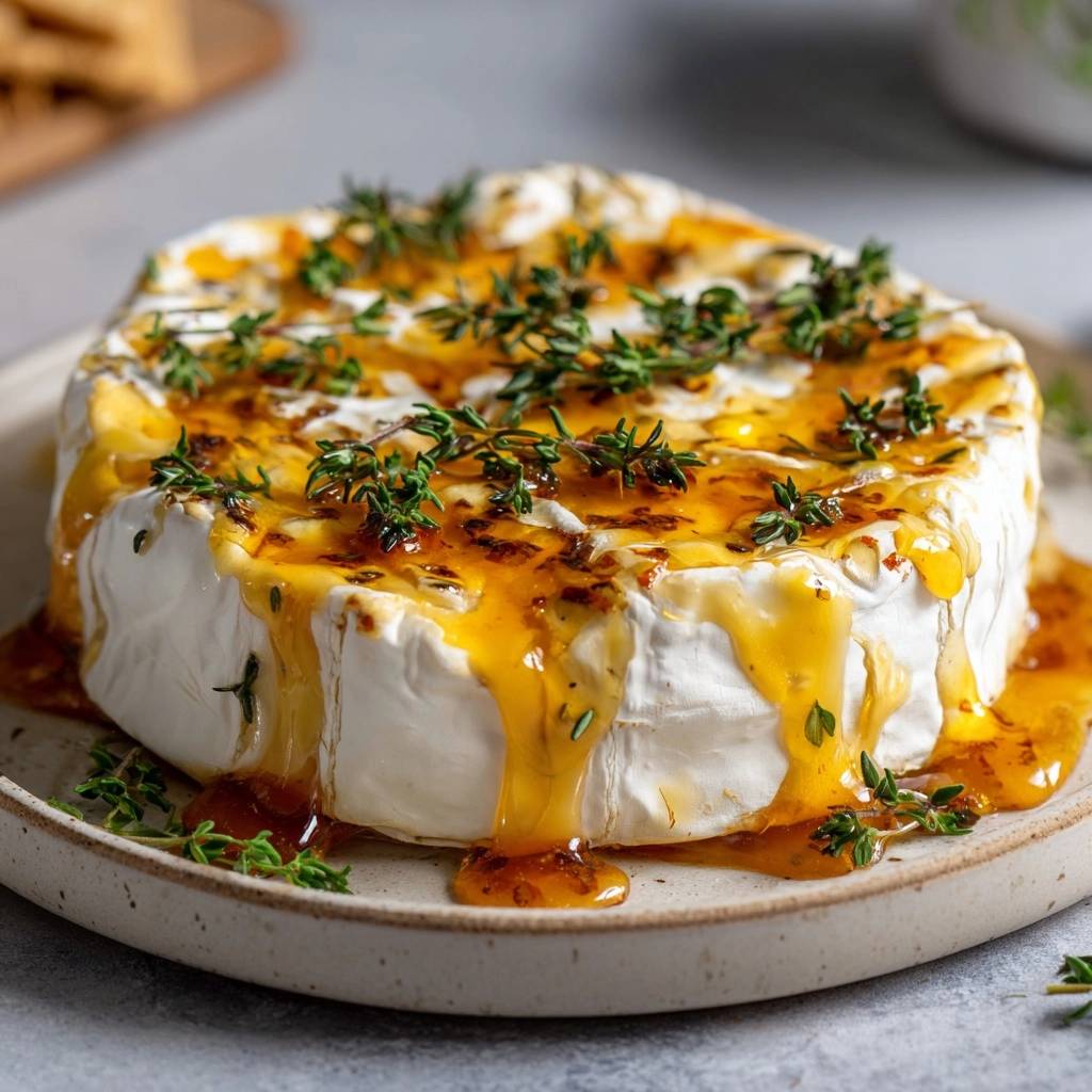 Honey thyme roasted brie with a thick, glistening glaze dripping down the sides onto a plate.
