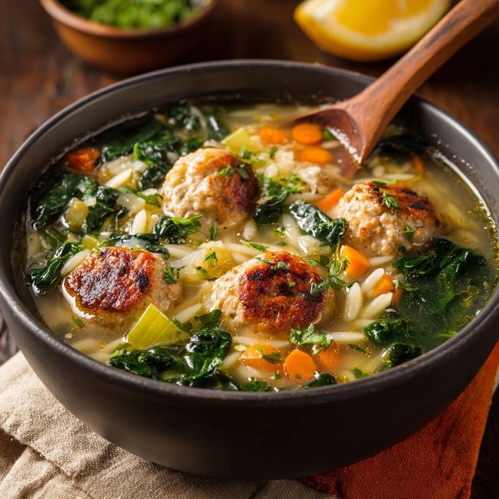 Italian Wedding Soup with Turkey Meatballs and Al Dente Orzo in a close-up bowl view.
