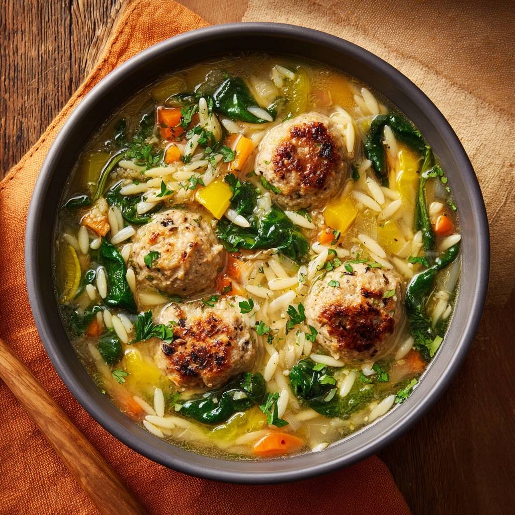 Italian wedding soup with turkey meatballs and al dente orzo in a dark bowl, viewed from directly above.