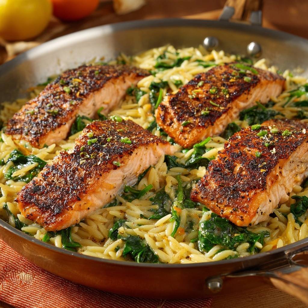 Lemon garlic salmon and orzo skillet served in a pan, featuring beautifully seared salmon fillets over a bed of orzo pasta and spinach.