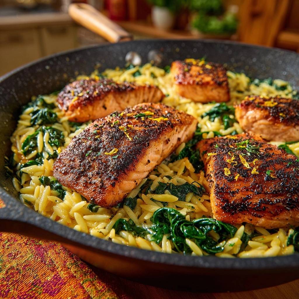Lemon garlic salmon and orzo skillet dish with a close-up view of the seared salmon and fresh lemon zest garnish.
