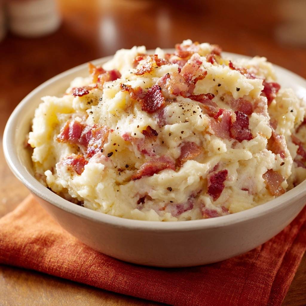 Fluffy loaded bacon mashed potatoes served in a bowl, topped with crumbled bacon and black pepper.