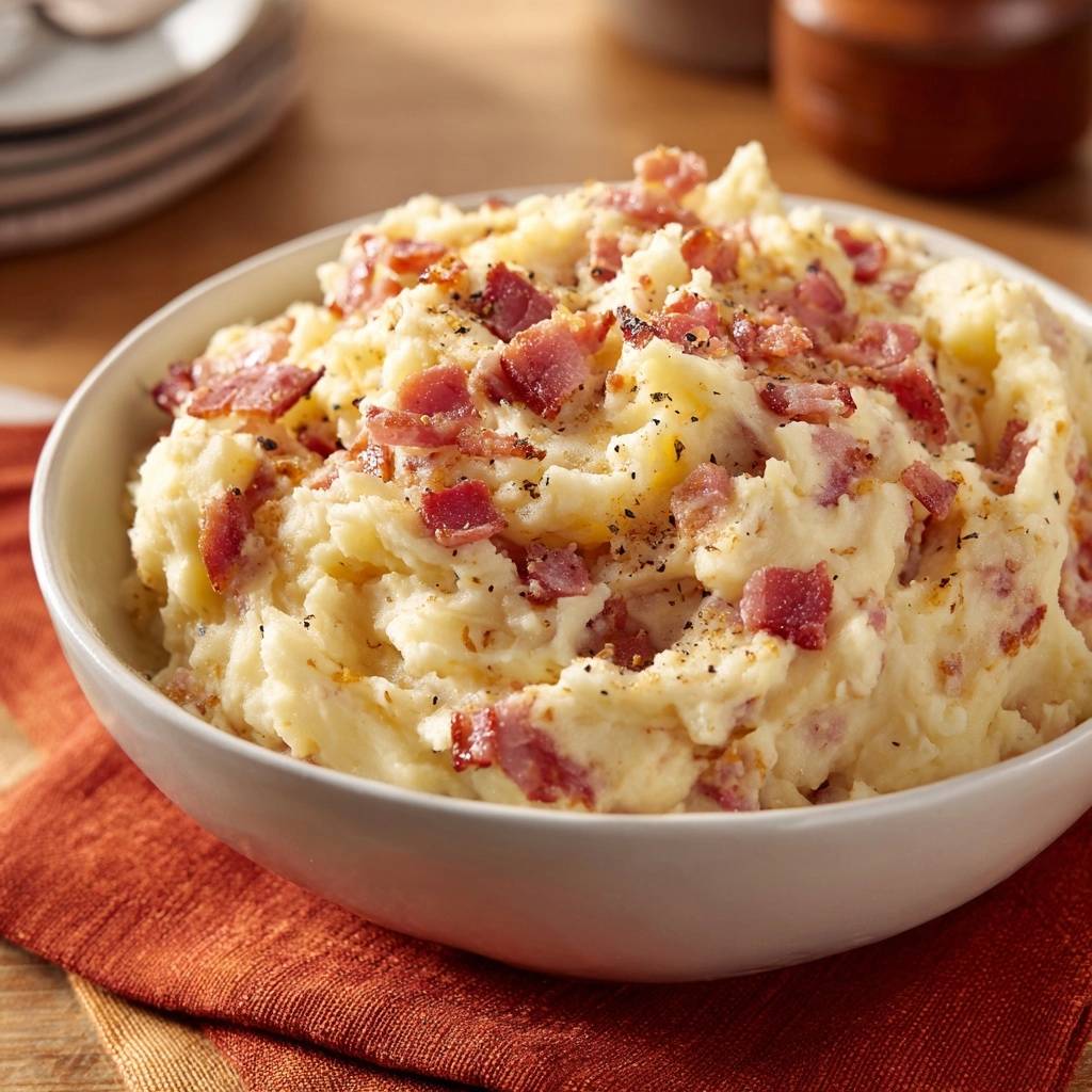 Loaded bacon mashed potatoes are shown in a white bowl, topped with crumbled bacon and black pepper.
