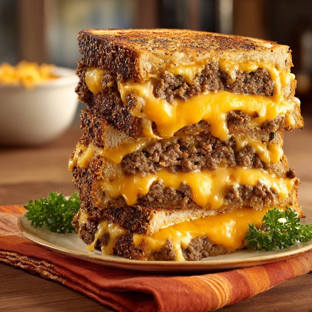 Loaded ground beef grilled cheese stack showing multiple layers of beef and melted cheese, garnished with parsley.