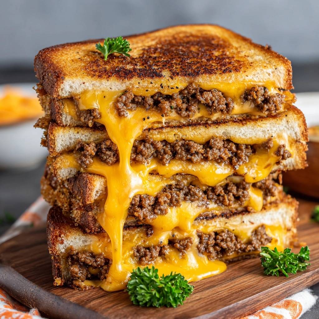Loaded ground beef grilled cheese stacked high, showing a gooey cross-section of melted cheese and seasoned beef.