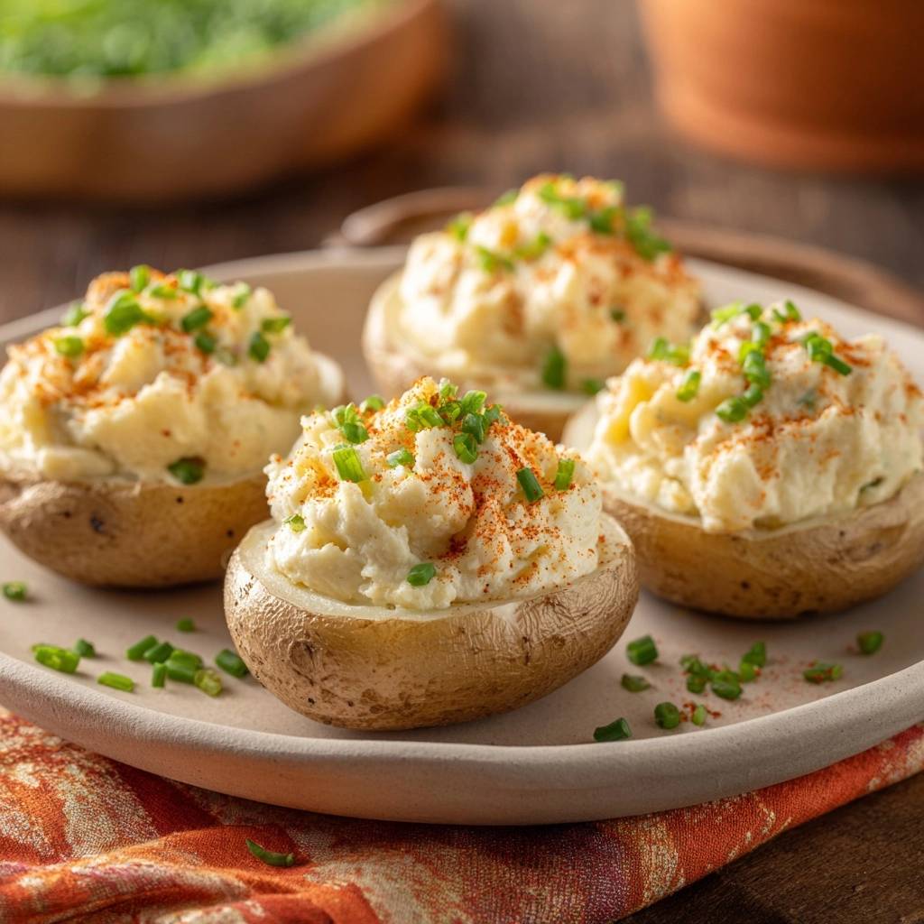 Loaded twice-baked mini potatoes with crispy skins are plated with chives and paprika garnish.