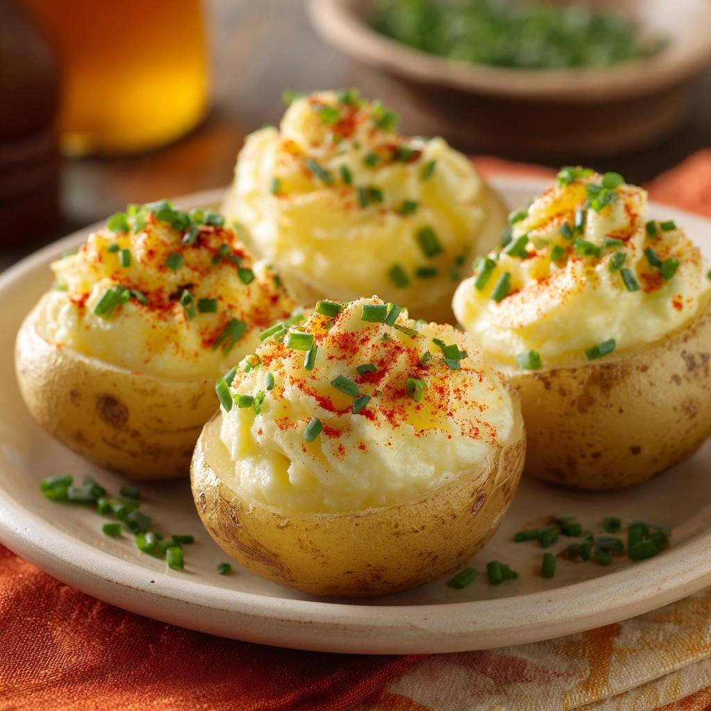 Loaded twice-baked mini potatoes plated and garnished with chives and paprika
