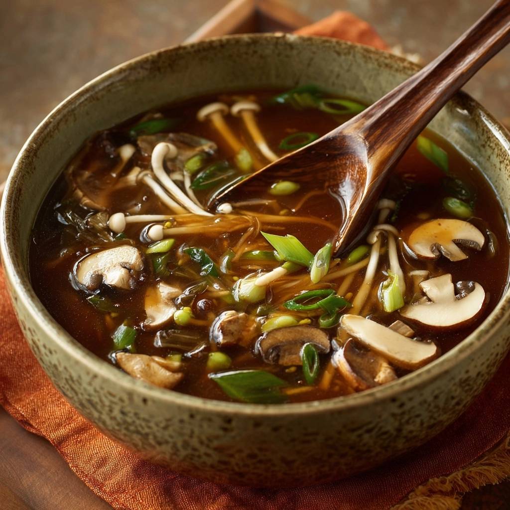 Mastering the Savory Wild Mushroom Soup served in a rustic bowl with a wooden spoon, showcasing mushrooms and broth.