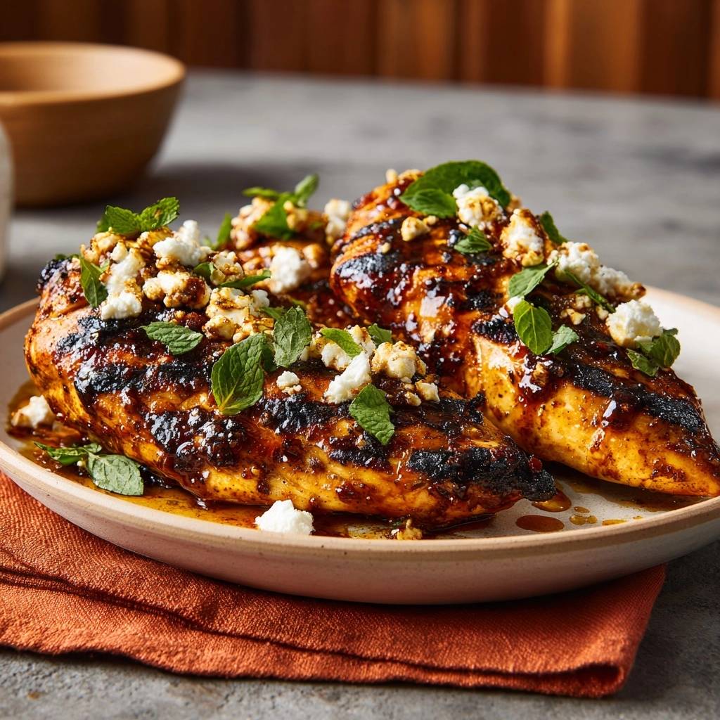 Mediterranean glazed chicken breast topped with crumbled feta cheese and fresh mint leaves.