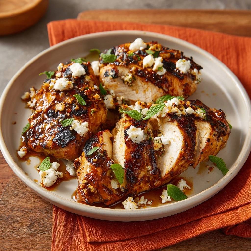 Mediterranean glazed chicken breast sliced and topped with feta cheese and fresh mint garnish.