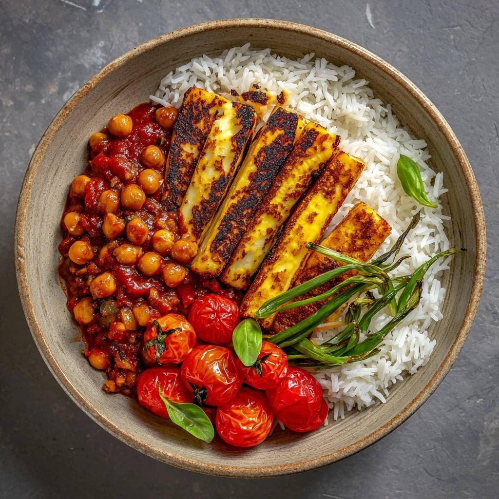 Mediterranean halloumi and chickpea stew served in a bowl with rice, tomatoes, and green onions.