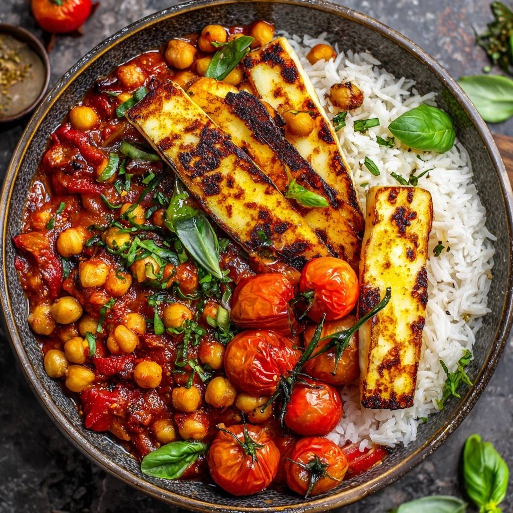 Mediterranean halloumi and chickpea stew served in a bowl with rice, halloumi, and cherry tomatoes, viewed from above.