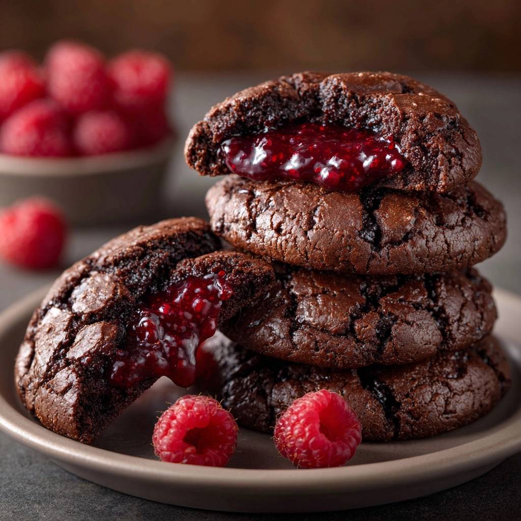 Molten raspberry chocolate lava cookies cross-section showing rich chocolate cookie and gooey raspberry filling.