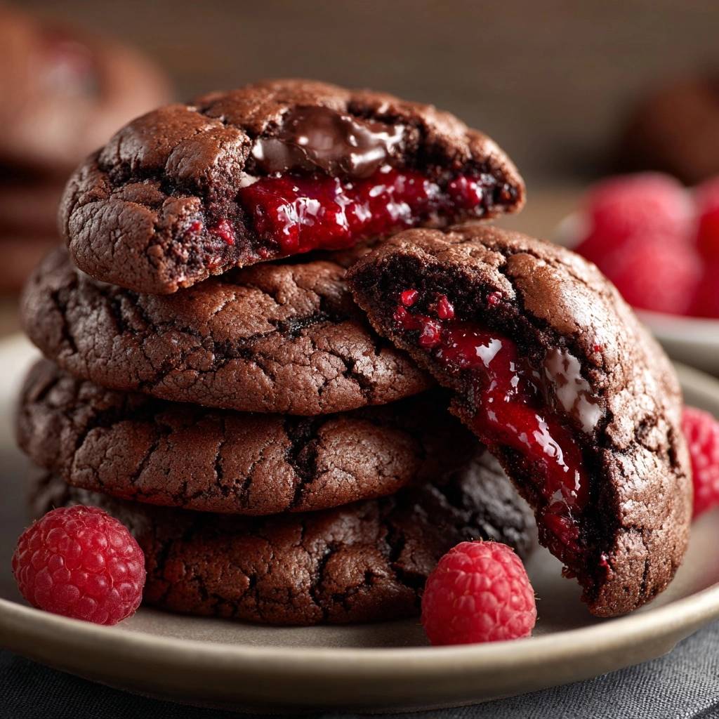 Molten raspberry chocolate lava cookies shown in a cross-section revealing a gooey raspberry filling and melted chocolate.