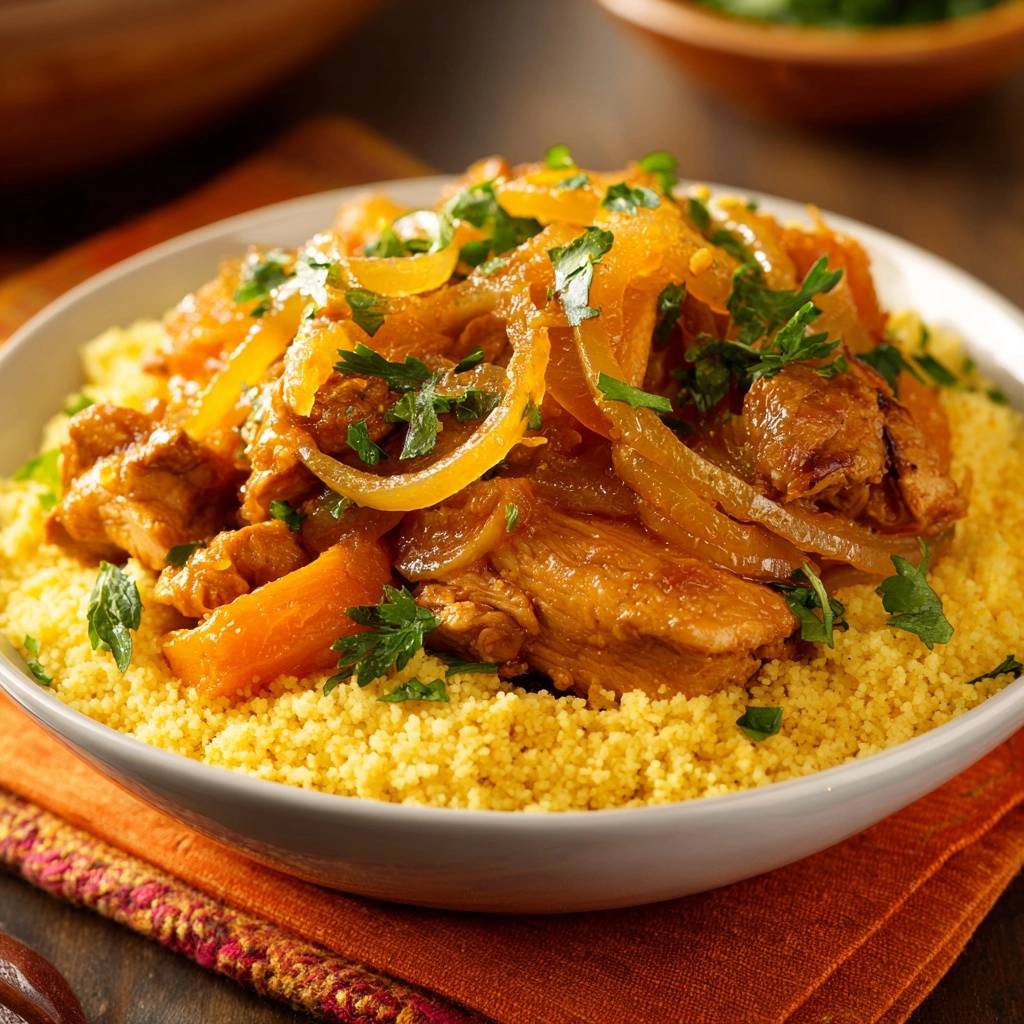 Moroccan chicken and couscous in a bowl, featuring tender chicken, onions, apricots, and a fresh parsley garnish.