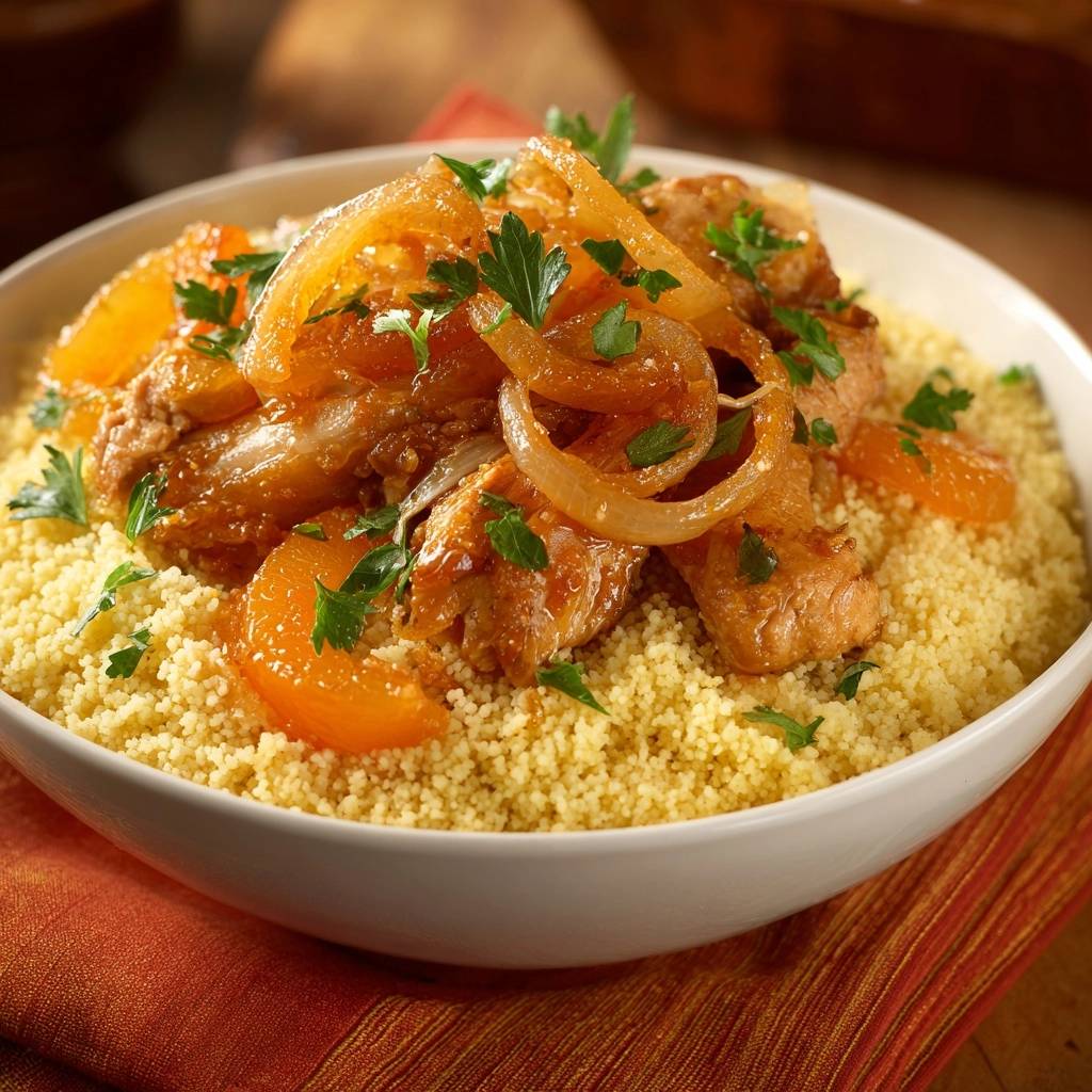 Moroccan chicken and couscous served in a bowl, garnished with fresh parsley and featuring tender onions and apricots.