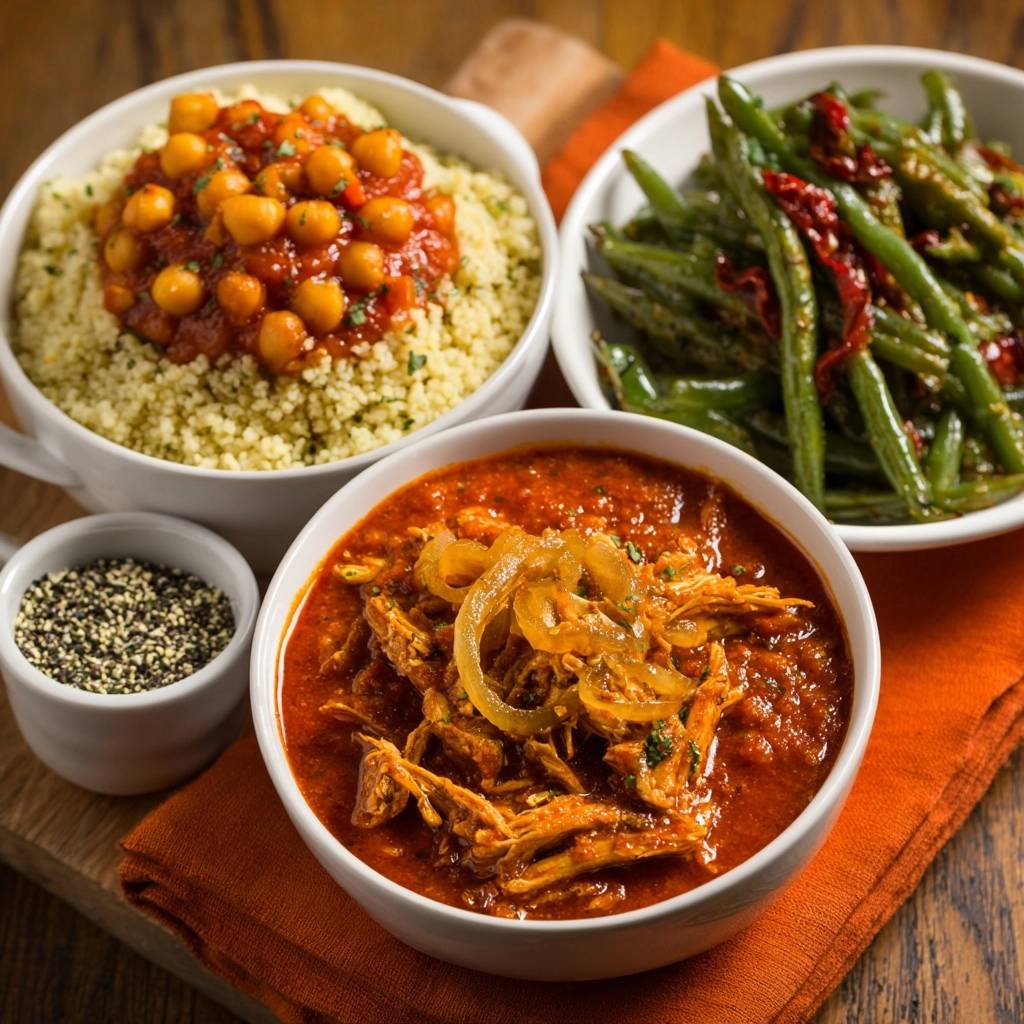 Moroccan spiced chicken and chickpea couscous served in three separate bowls with a side of green beans and spices.