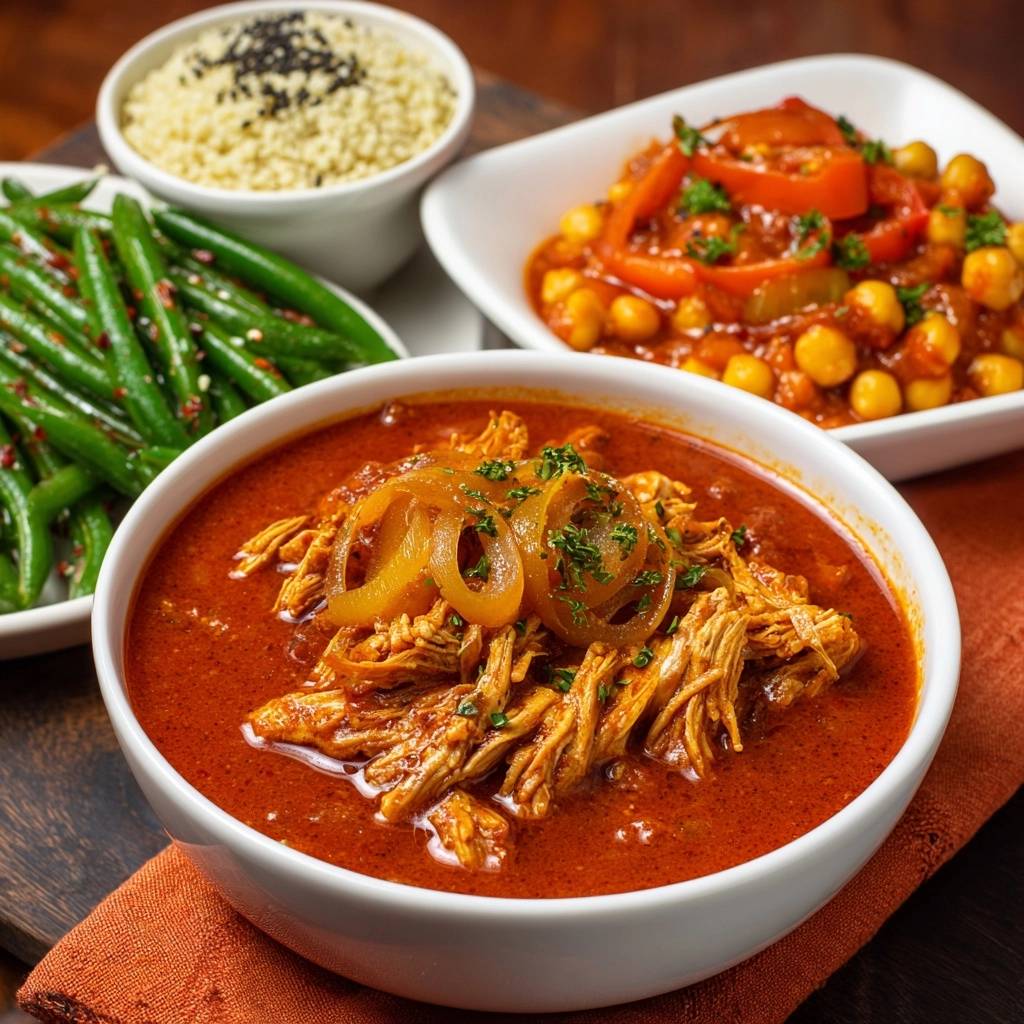 Moroccan spiced chicken and chickpea couscous served with green beans and topped with sliced onions and parsley.