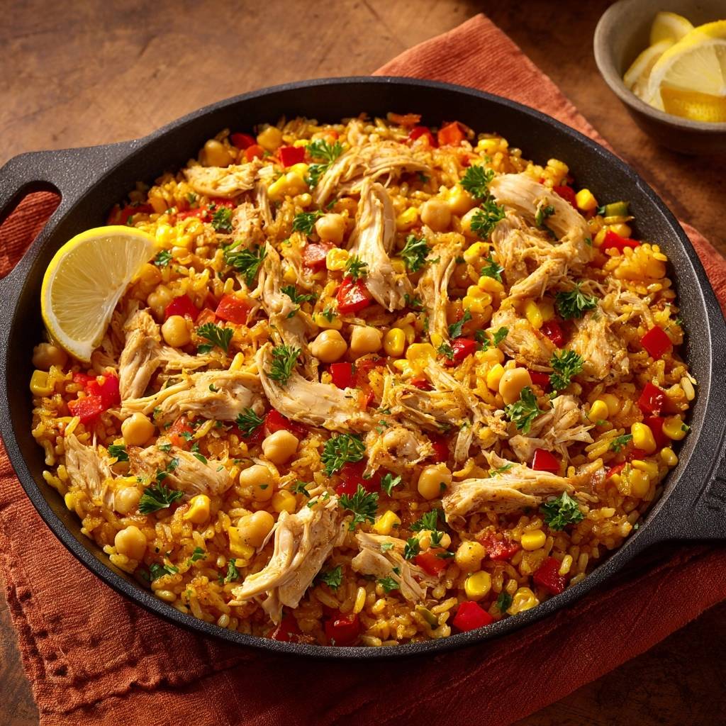 One-pan Mediterranean chicken and rice dish shown in a cast iron skillet with a lemon wedge garnish.