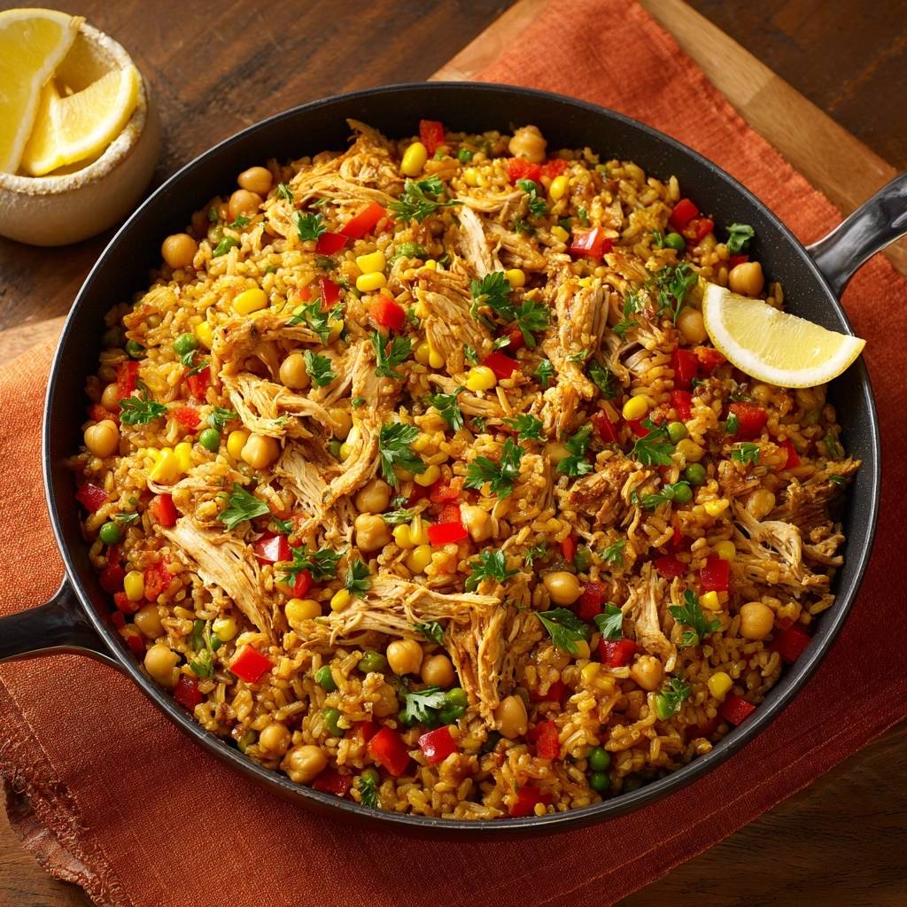 One-pan Mediterranean chicken and rice skillet shown from an overhead view, filled with chicken, chickpeas, corn, and peppers.