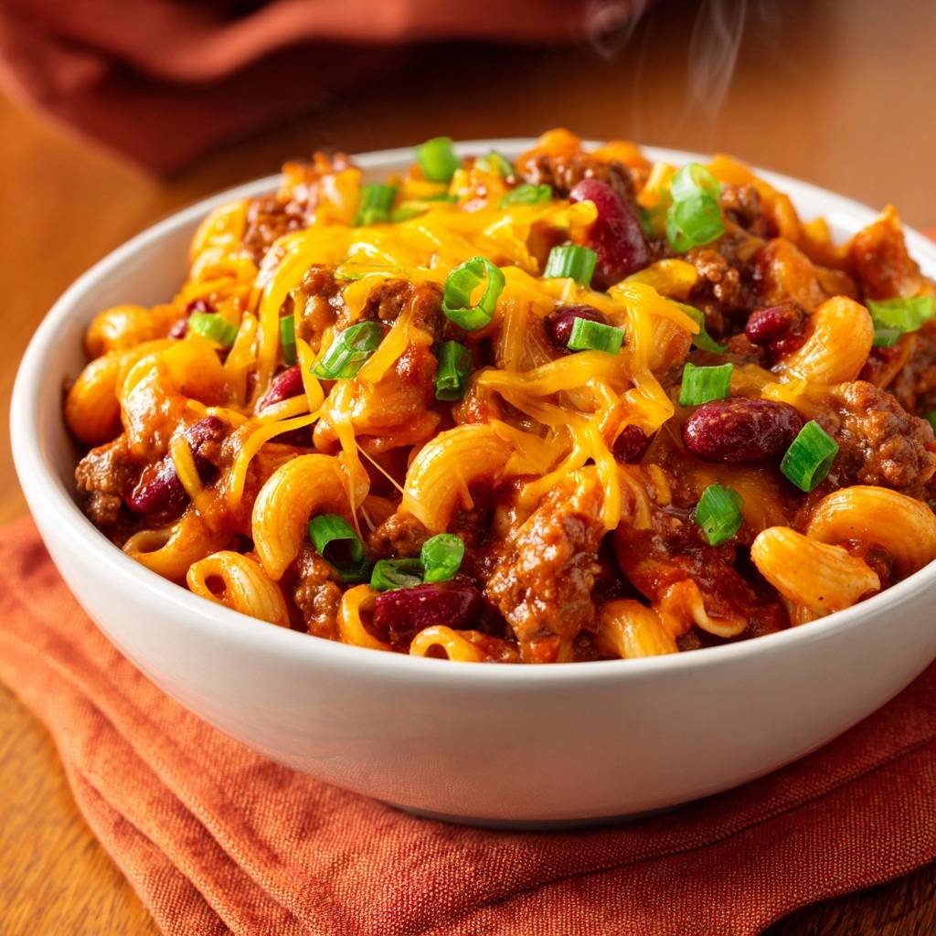 One-pot chili mac and cheese in a bowl, topped with melted cheddar cheese and chopped green onions.