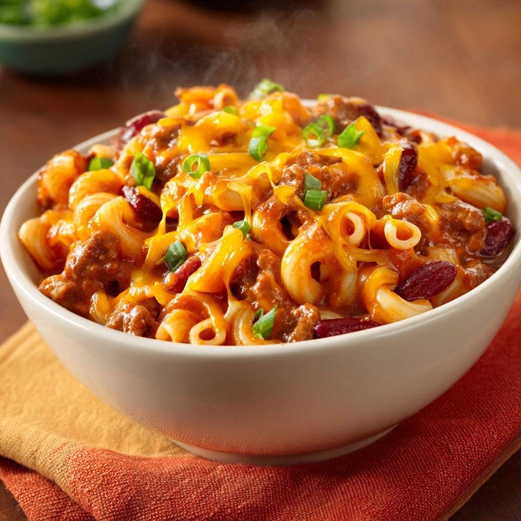 One-pot chili mac and cheese steaming in a white bowl, topped with melted cheese and green onions.