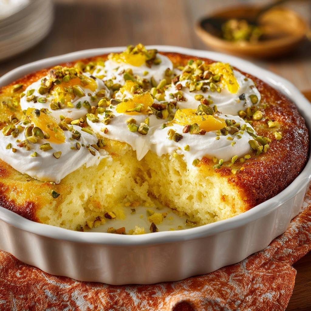 Orange pistachio olive oil cake shown in a white dish with a slice removed, revealing the interior and topped with whipped cream and pistachios.