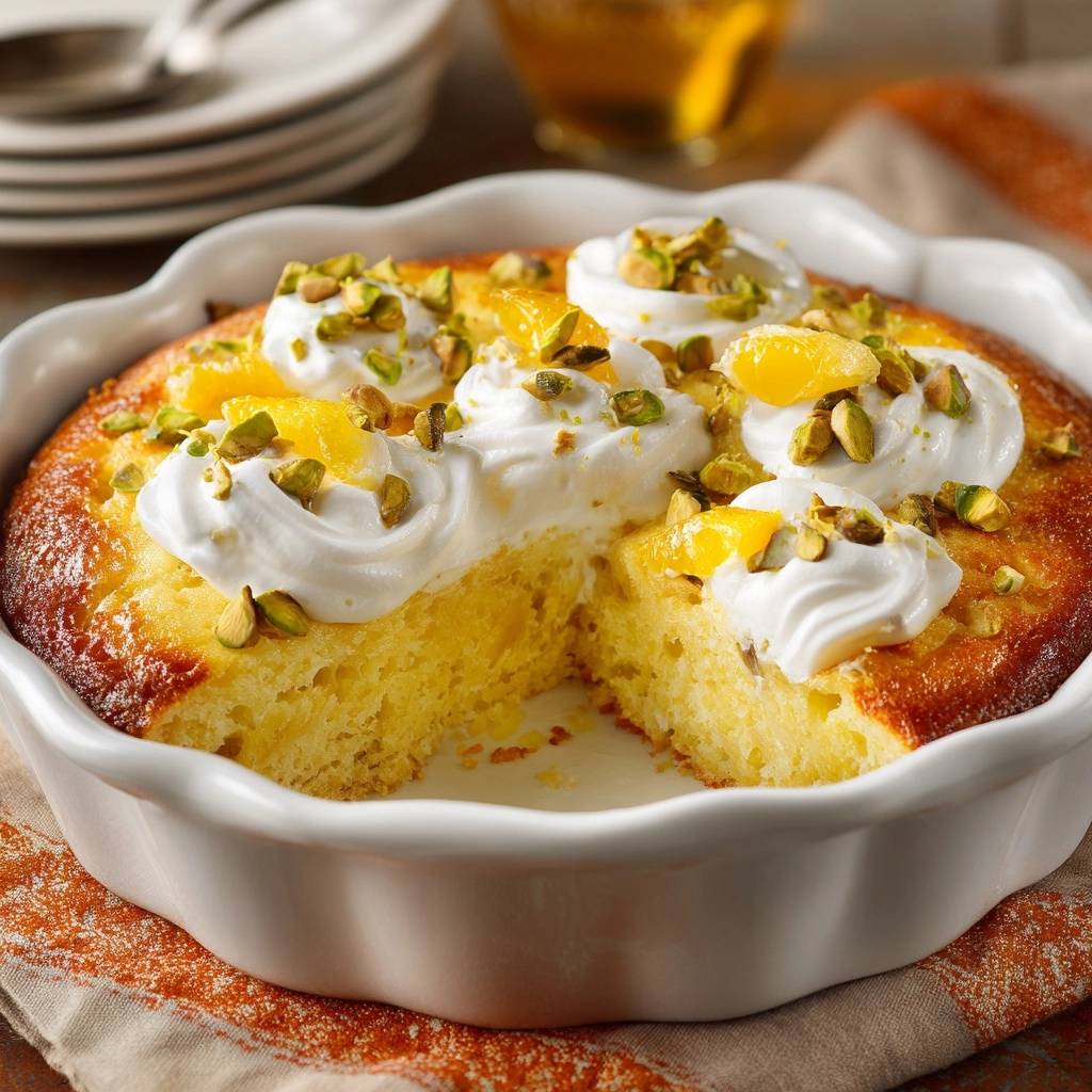 Orange pistachio olive oil cake slice detail showing whipped cream, orange segments, and chopped pistachios.