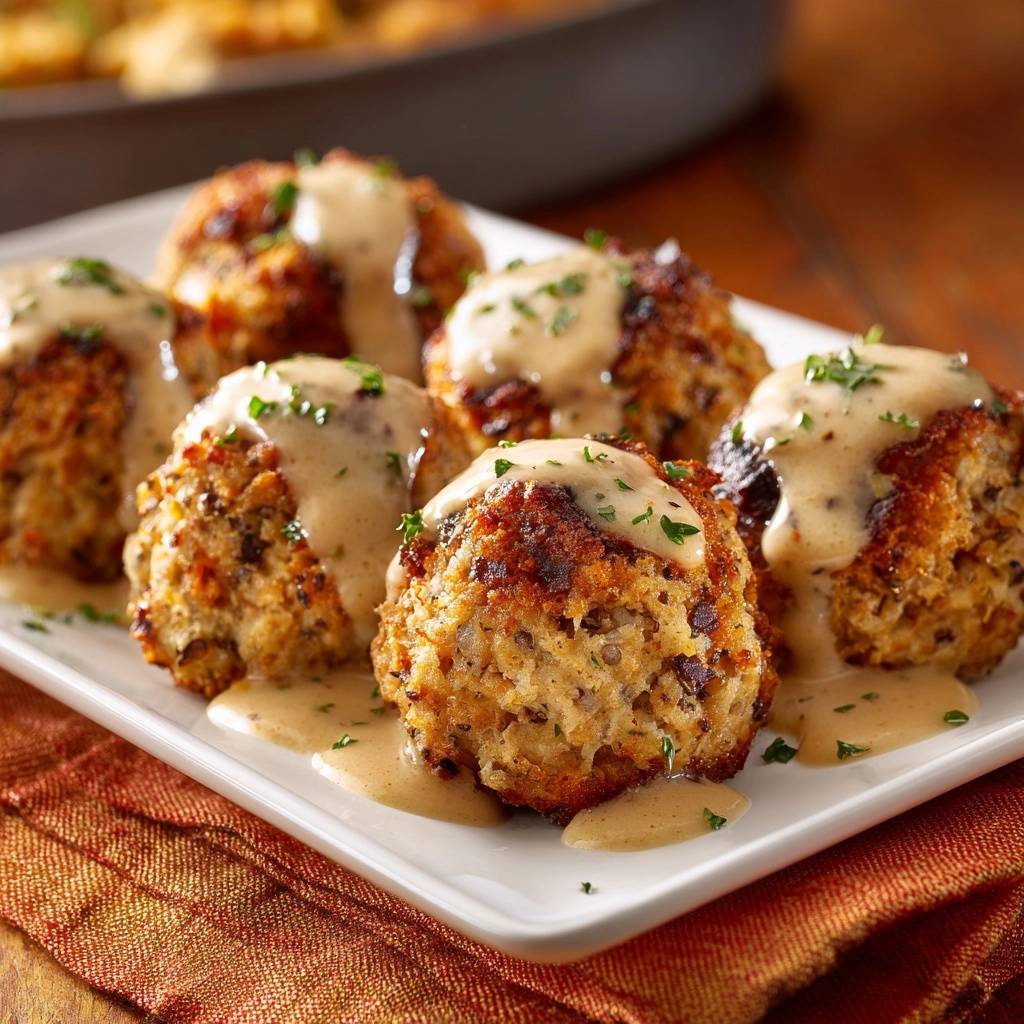 Pan-seared turkey meatballs generously drizzled with creamy gravy and garnished with fresh parsley.