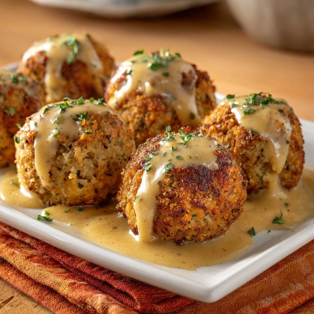 Crispy pan-seared turkey meatballs generously drizzled with gravy and sprinkled with fresh parsley garnish.