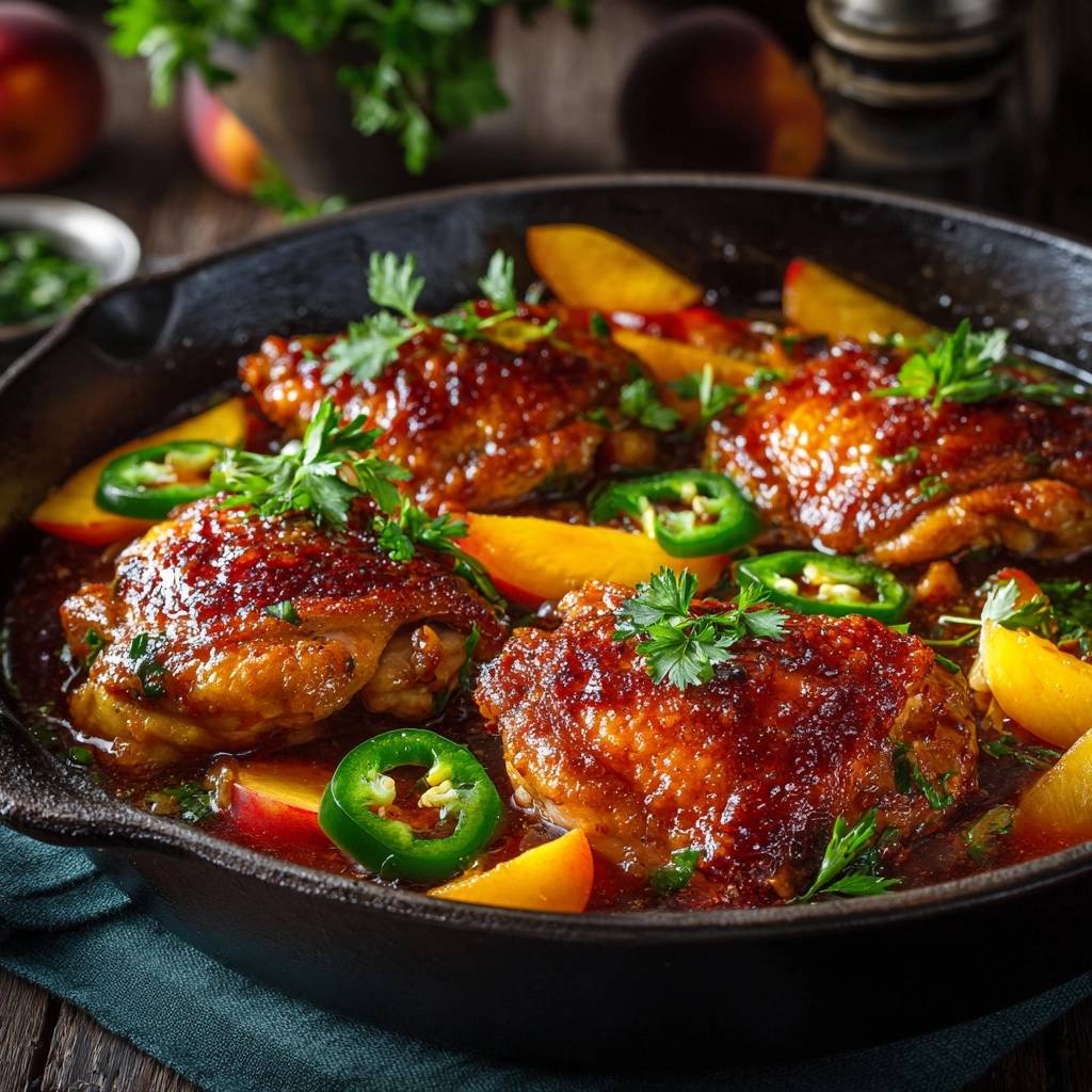 Glazed peach and jalapeno chicken thighs with crispy skin served in a cast-iron skillet with fresh garnishes.