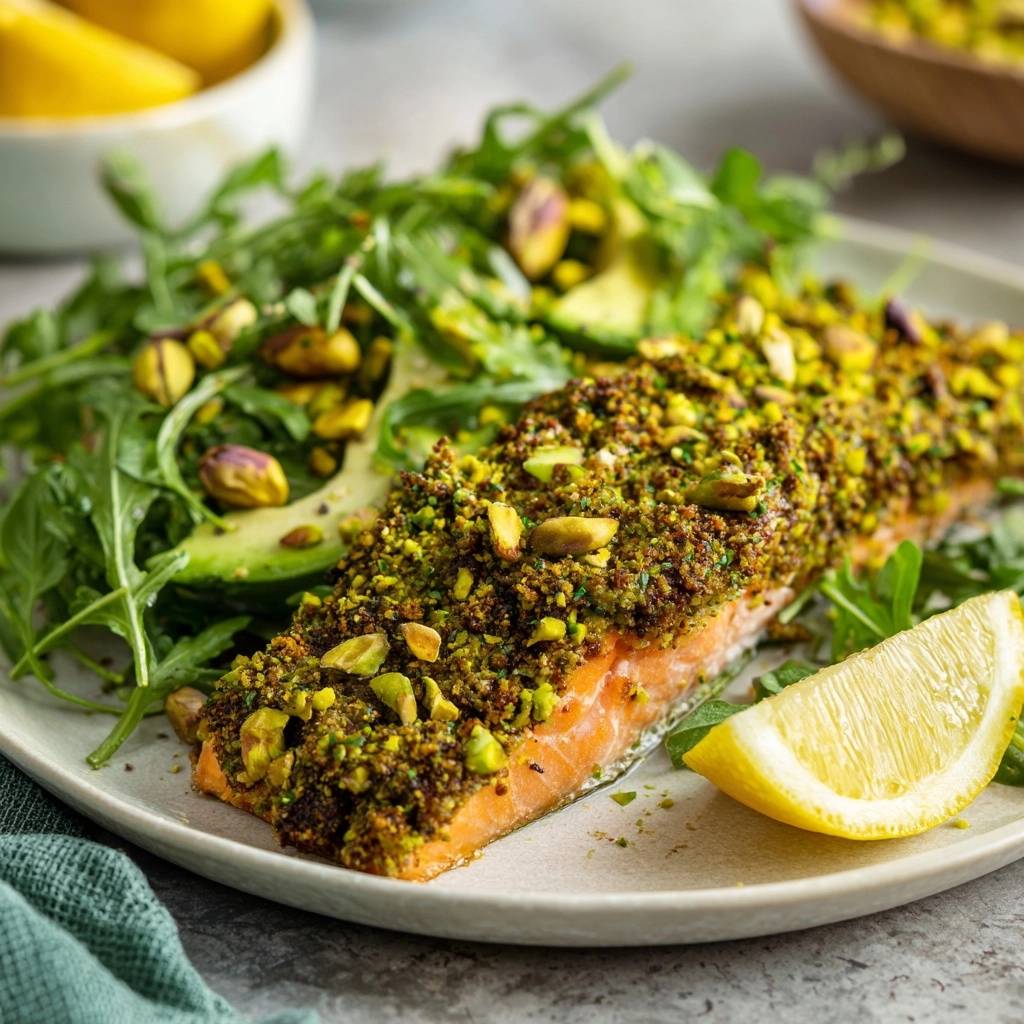 Pistachio crusted salmon plated with a side of avocado and arugula salad, garnished with pistachios.