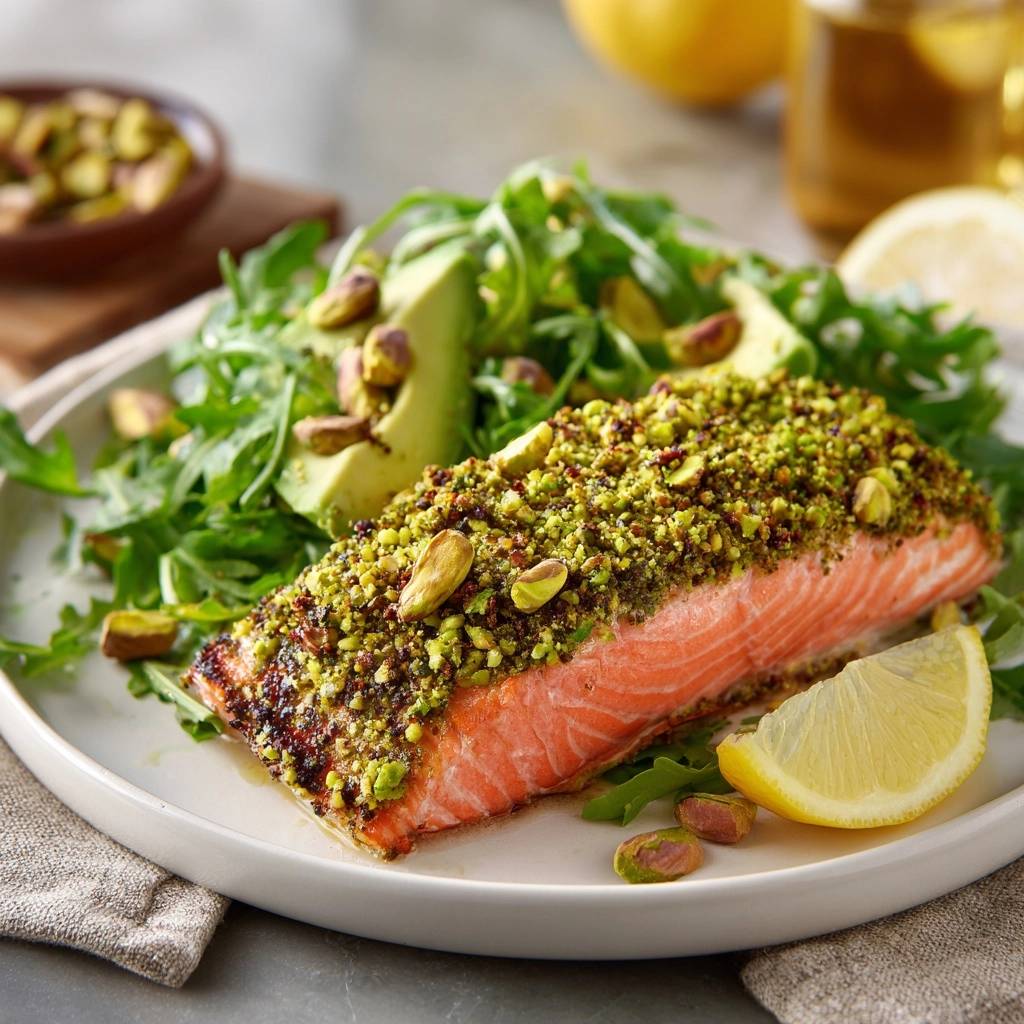 Pistachio crusted salmon plated with avocado salad and a lemon wedge, showcasing the topping texture.