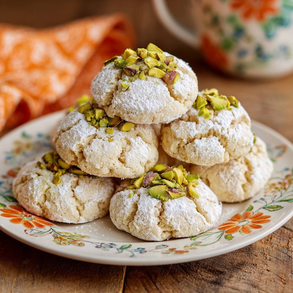Crinkle pistachio shortbread cookies stacked on a floral plate, dusted with powdered sugar and topped with chopped pistachios.