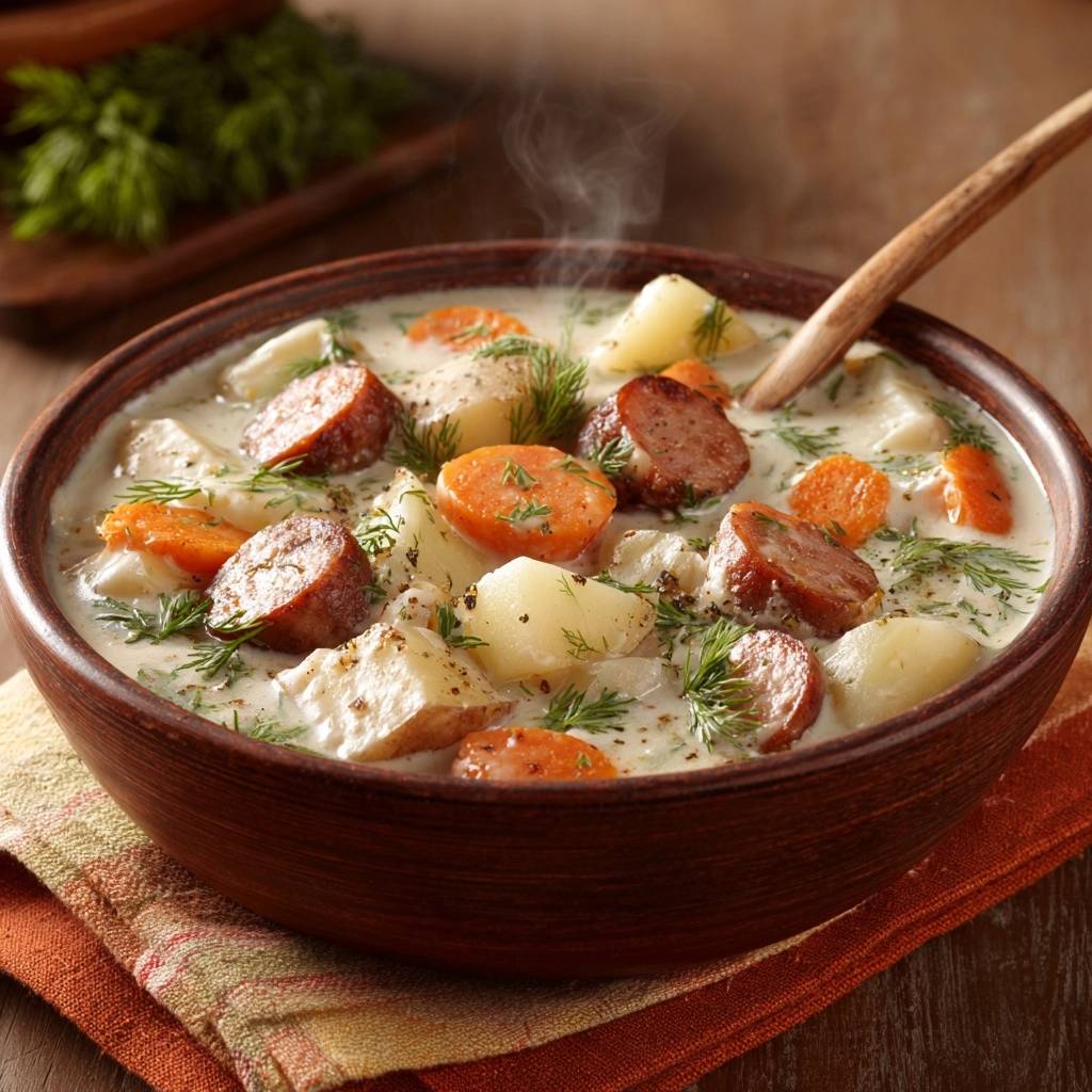 Creamy potato and sausage chowder steaming in a rustic wooden bowl, garnished with fresh dill.