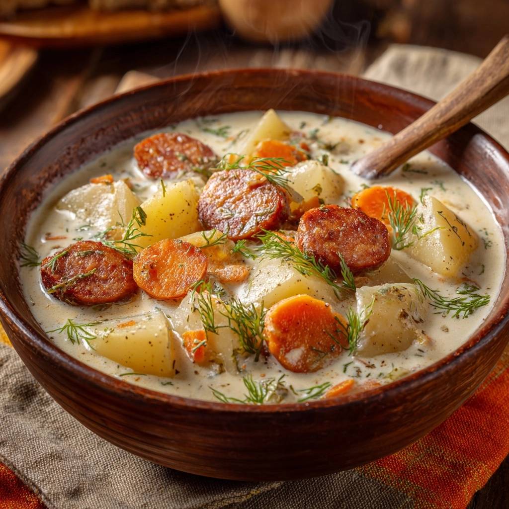 Creamy potato and sausage chowder steaming in a rustic wooden bowl with a wooden spoon.