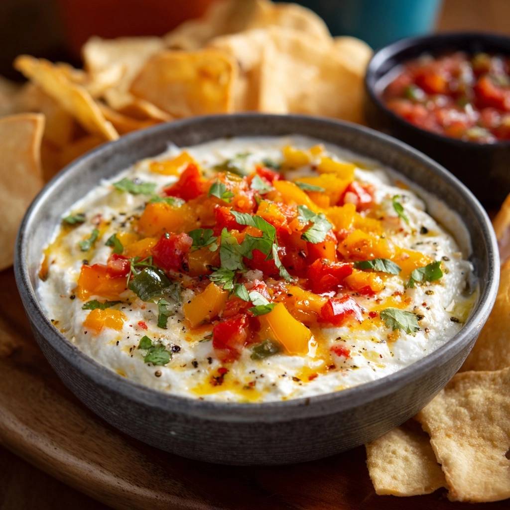 Roasted pepper whipped feta dip is shown in a close-up with vibrant red and yellow pepper topping and fresh cilantro.
