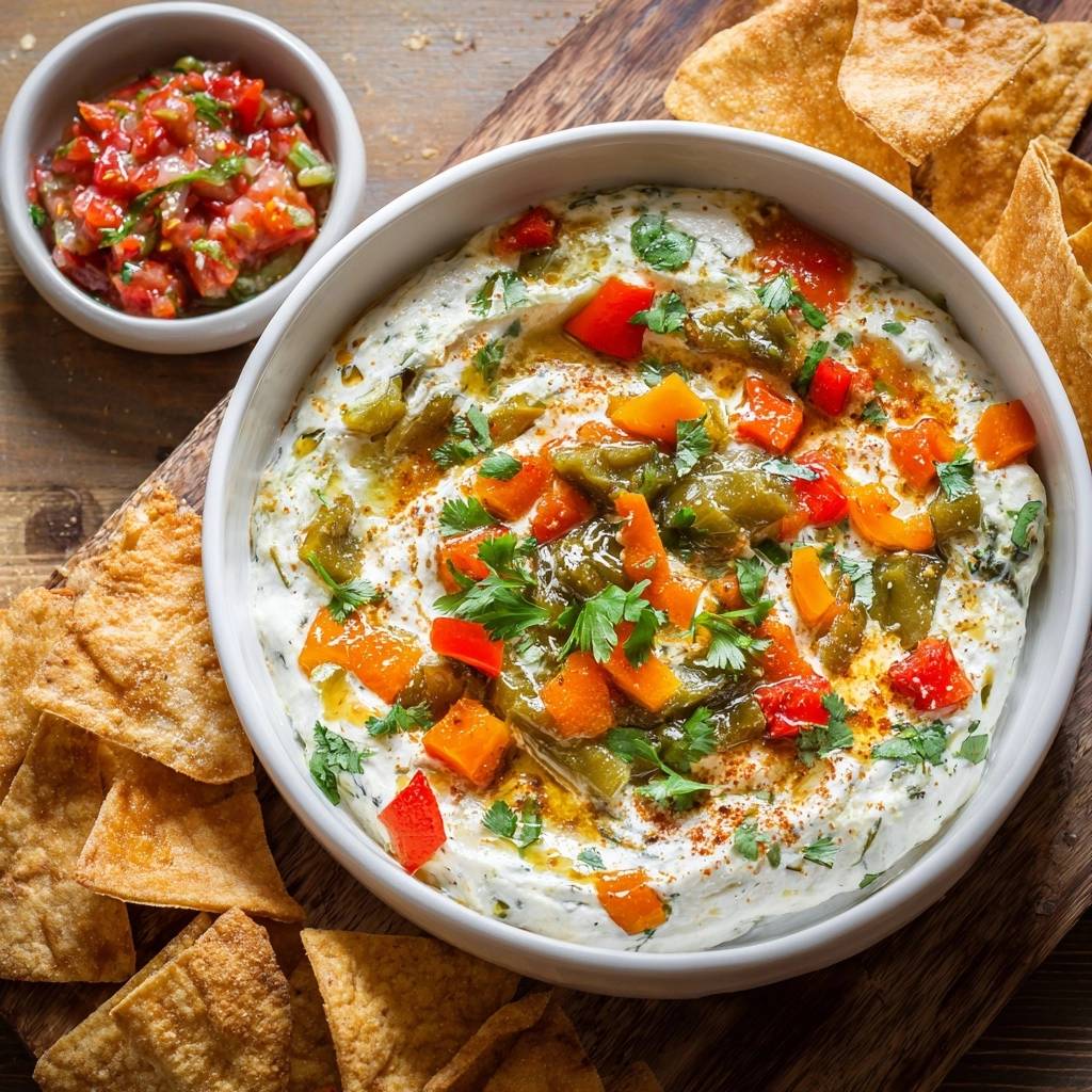 Roasted pepper whipped feta dip served in a white bowl with pita chips and pico de gallo, overhead view.