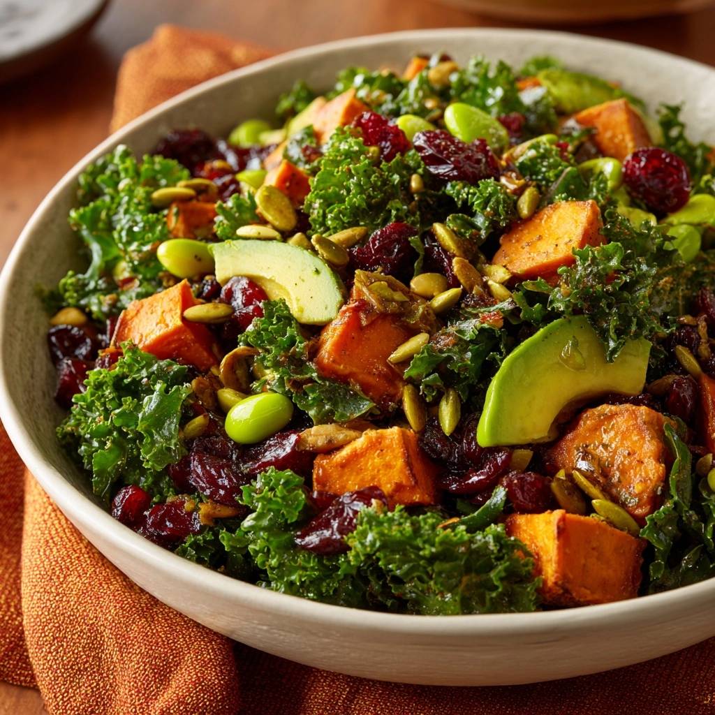 Roasted sweet potato and kale power salad in a bowl, featuring avocado, cranberries, edamame, and pumpkin seeds.
