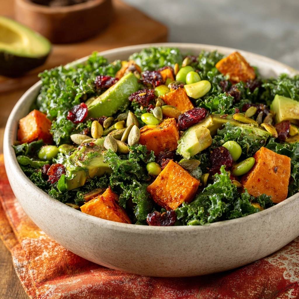 Roasted sweet potato and kale power salad in a bowl, featuring avocado, cranberries, and seeds, viewed from above.