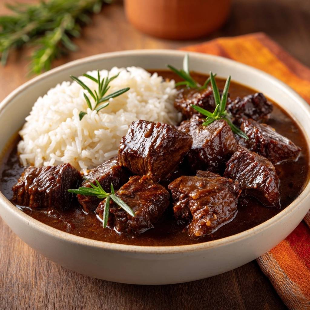 Rosemary beef tips served in a bowl with fluffy white rice and garnished with fresh rosemary sprigs.