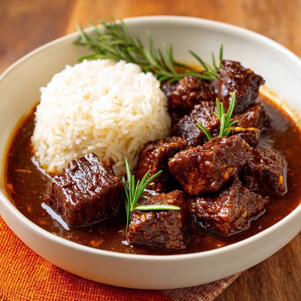 Mastering slow-simmered rosemary beef tips served in a bowl with white rice and rosemary sprigs.