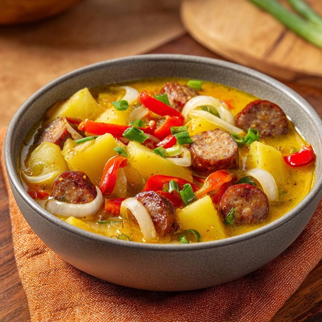 Hearty sausage and potato stew served in a rustic bowl, showcasing sliced sausage, potatoes, and peppers.